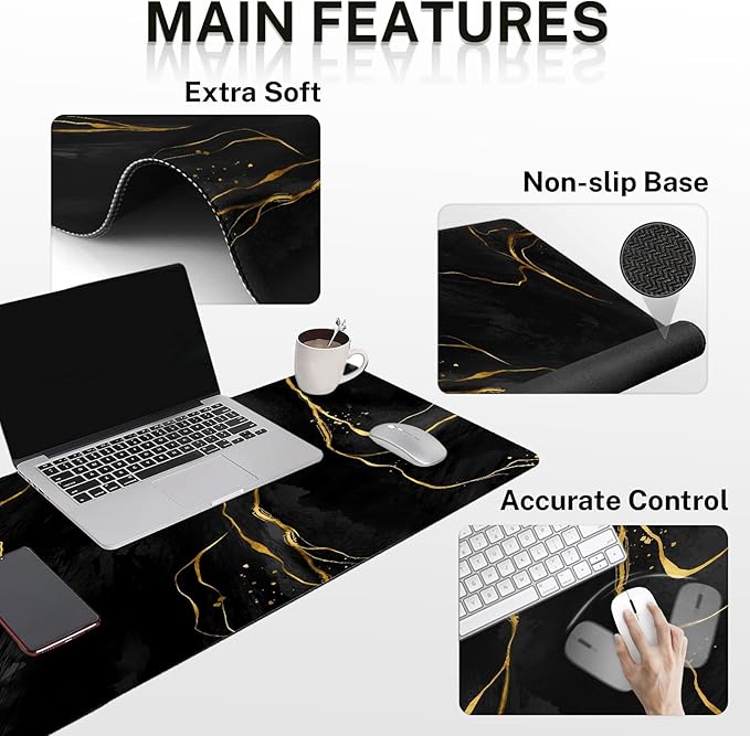 Britimes Black Gold Marble Keyboard Mouse Pad Set 4in1 Large Mousepad+Keyboard Wrist Rest+Mouse Wrist Rest+Coaster Ergonomic Design for Home Office Computer 35.4x15.7 inches