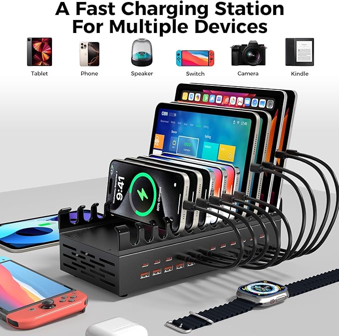 300W USB Charging Station for Multiple Devices, 24 Port USB C Fast Charging Station, Multi Device Charger Station Organizer Compatible with Tablet, Laptop, Cellphone, iPhone, iPad and More