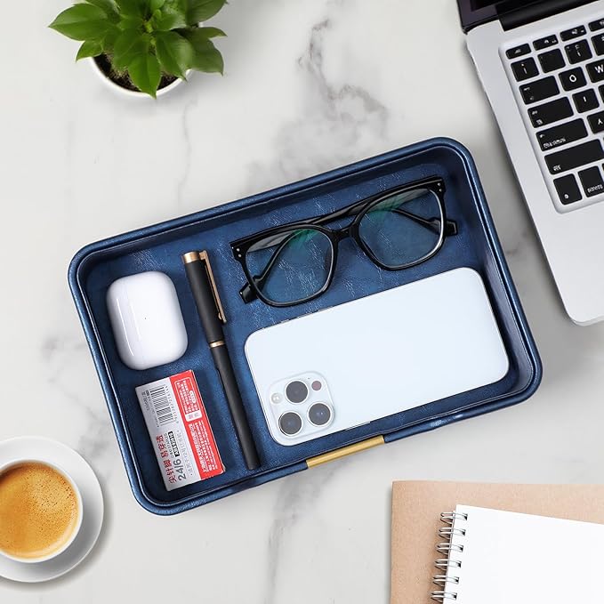 10.2" x 6.7" Nightstand Organizer Tray with Gold Accent, Decorative Valet Trays Cologne Organizer for Men, Key Bowl Perfume Trinket Tray for Dresser Bedside Entryway Table (Navy Blue)