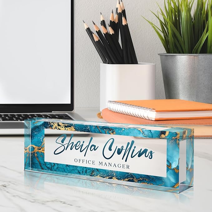 Custom Name Plate for Desk, Employee Appreciation Gifts, Acrylic Desk Name Plate Personalized, Office Desktop Accessories, Office Decor Gifts for Coworkers Boss Teacher (Blue/Gold)
