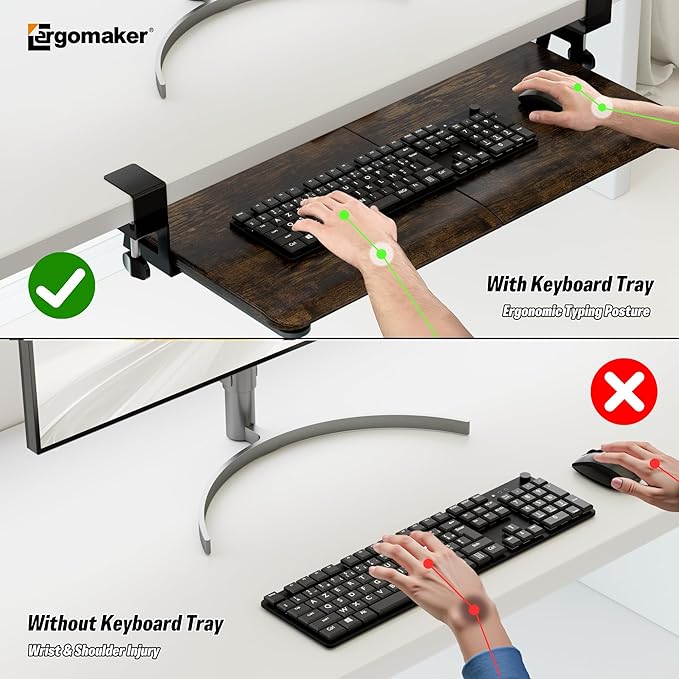 ERGOMAKER Keyboard Tray Under Desk, Pull Out Keyboard Tray with C Clamp Mount, 25.6" (29.7" Including Clamps) x 11.8" Slide-Out Platform Computer Drawer for Typing, Keyboard & Mouse Tray, Rustic Brown