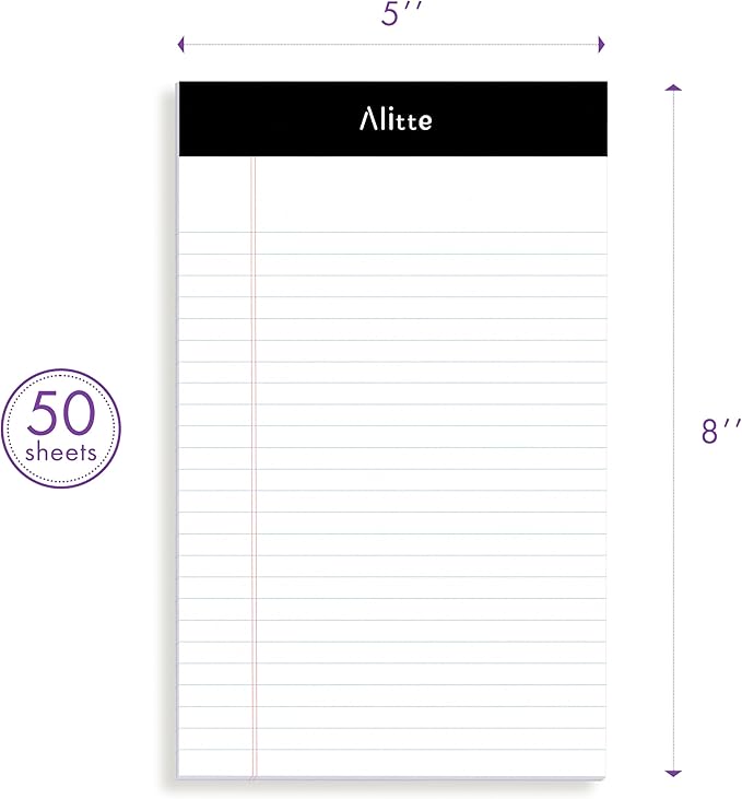 Alitte Legal Notepads 5x8, Pack of 6 - Perforated Narrow Ruled Writing Pad - Premium Thick Paper, No Ink Bleeding - Blank Legal Pads For Home, Office, School, Business - 50 Sheets Per Notebook