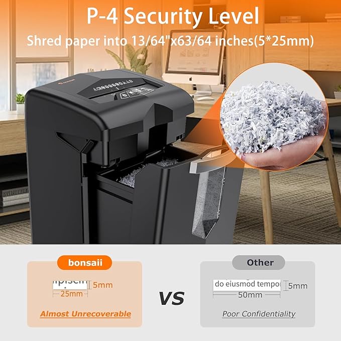 Bonsaii Shredder, 20 Sheets, Operates Continuously for 40 Minutes, P-4 Cross-Cut, Jam-Resistant Design, Safely Destroys CDs, Credit Cards, and Stapled Papers, Large 7-Gallon Bin Capacity