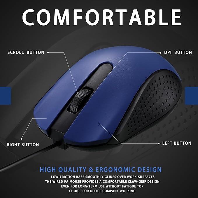 Hoteam 12 Pcs Blue Wired Computer Mouse Bulk Cord USB Computer Mice Ergonomic Wired Mouse for Pcs, Computers, Laptops, Gaming Office Home Supplies