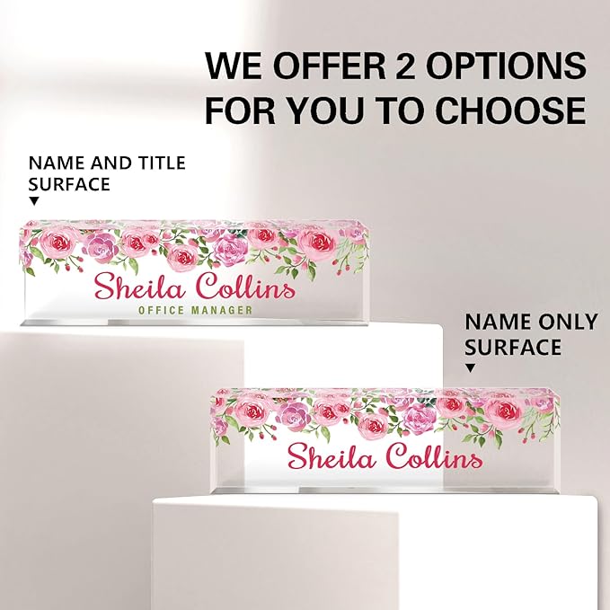Rose B Acrylic Name Plate - Personalized Desk Name Plate, Employee Appreciation Gift, Office Decor Accessory