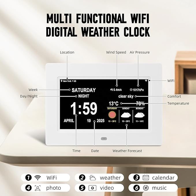 Digital Alarm Clock, Multiple Alarm Functions, Clock with Date and Week, Digital Alarm and Electronic Calendar for Seniors (White, 7inch WiFi)
