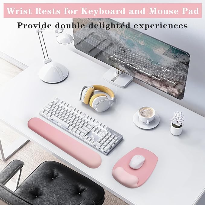 Wrist Rest Support for Mouse Pad and Keyboard Set, Ergonomic Gel Computer Keyboard Wrist Rest with Memory Foam for Long Hours of Work, Gaming, Studying-Relieve Wrist Pain (Pink)