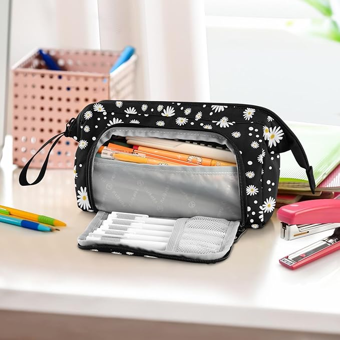 Daisy Black Pencil Case Pouch Big Capacity Pencil Bag Box Organizer Pen Case Pencil Pouch Aesthetic with Handle for Teen Girls Boy College Women School