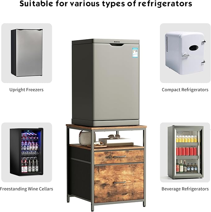 Mini Fridge Stand with 3 Storage, Mini Fridge Cabinet, Beverage Fridge Table, Heavy Duty 21.3" L* 22.7" W Tabletop, for Dorm, Apartment,Office, Bedroom Rustic Brown HB01BXN