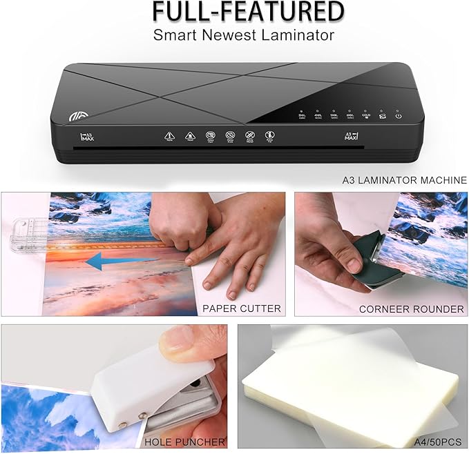 Crenova Laminator Machine 13 inch, Laminating Machine 60s Quick Warm Up Auto Off, Cold Hot Lamination Machine with ABS Jam Free, Laminator for Home Office School, Black