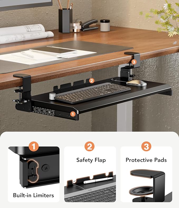 Hemudu Keyboard Tray Under Desk Pull Out with Extra Sturdy C Clamp Mount System, 27.3 (32.5 inch Including Clamps) x 11 Inch Slide-Out Platform Computer Drawer for Typing Black