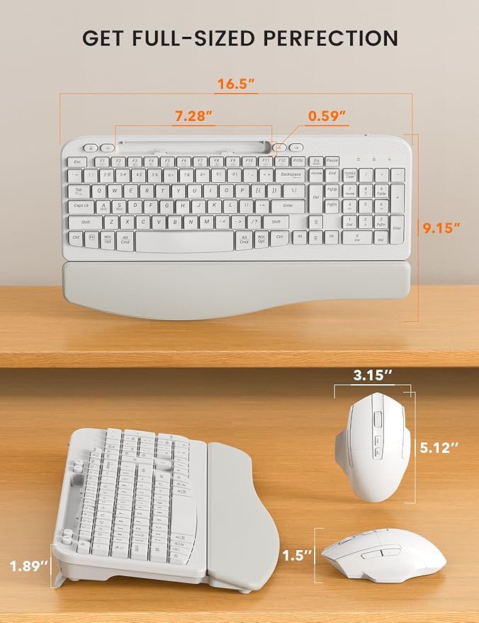 SABLUTE Wireless Keyboard and Mouse Combo, Ergonomic Wave Keys, Cushioned Palm Rest, Rechargeable, Phone Holder, Natural Typing, 2.4G Lag-Free, Full Size Keyboards Cordless Set for Windows/Mac, White