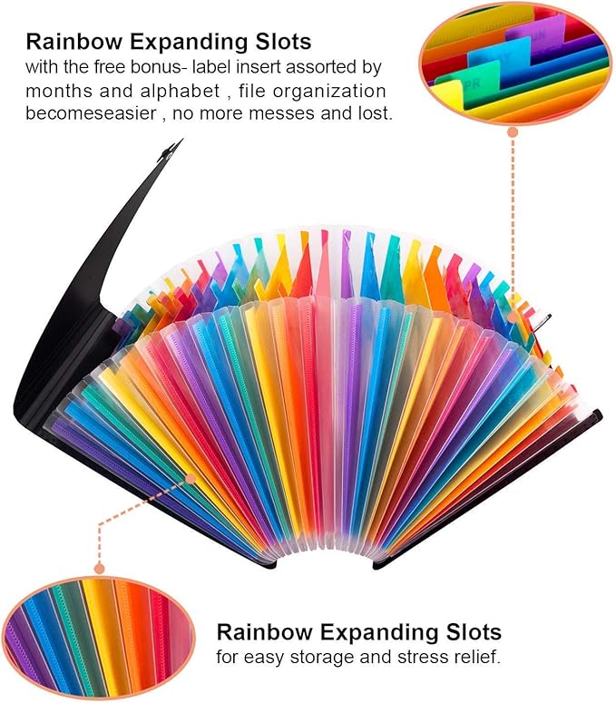 Uquelic 24 Pocket Expanding File Folder with Cover - Large Plastic Rainbow Expandable File Organizer Self Standing Accordion A4 Document Folder Wallet Briefcase Business Filing Box