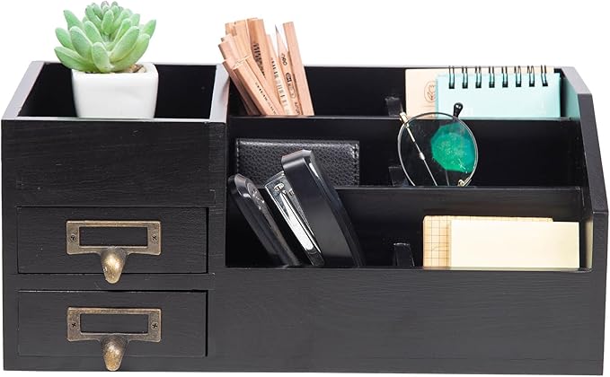 Distressed Rustic Wooden Office Desktop Organizer Wood Shelf Tabletop Home Organizer Storage with Multiple Compartments 2 Tier Drawers,perfect Jewelry storage Display Box for Desk, Vanity (Black)