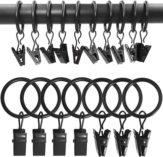 AMZSEVEN 100 Pack Metal Curtain Rings with Clips, Drapery Clips with Rings, Drapes Rings 1 inch Inner Diameter, Fits Diameter 5/8 inch Curtain Rods, Black