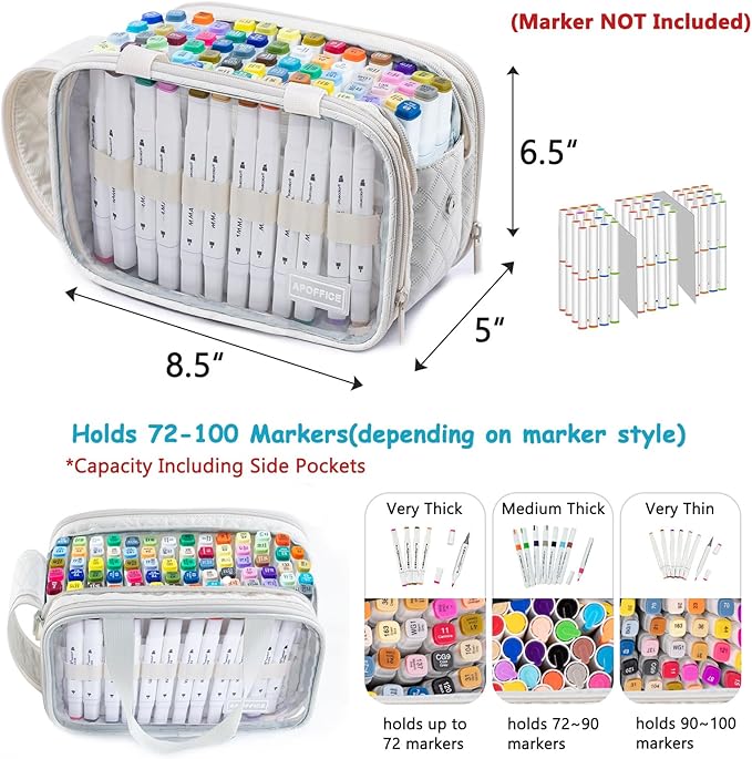 Marker Organizer Case – Holds 72-96Markers | Portable Art Marker Storage Bag with Clear View Panels & Removable Dividers | Marker Holder for Alcohol Markers, Pens, Craft Supplies(Case Only)