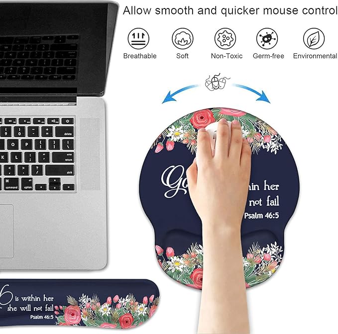 Keyboard Wrist Rest and Mouse Pad Wrist Rest Support Set, Non-Slip PU Base for Gaming and Office, Comfortable & Lightweight for Easy Typing & Pain Relief, Floral Quote Bible Verses Psalm 46:5