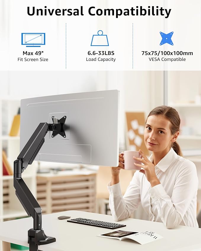 MOUNTUP Single Monitor Mount fits 49 45 44 43 42 40 39 37 34 inch Ultrawide Screen, Holds 6.6-33lbs, Computer Monitor Arm Desk Mount, Heavy Duty Gas Spring Monitor Stand with C-clamp/Grommet Base