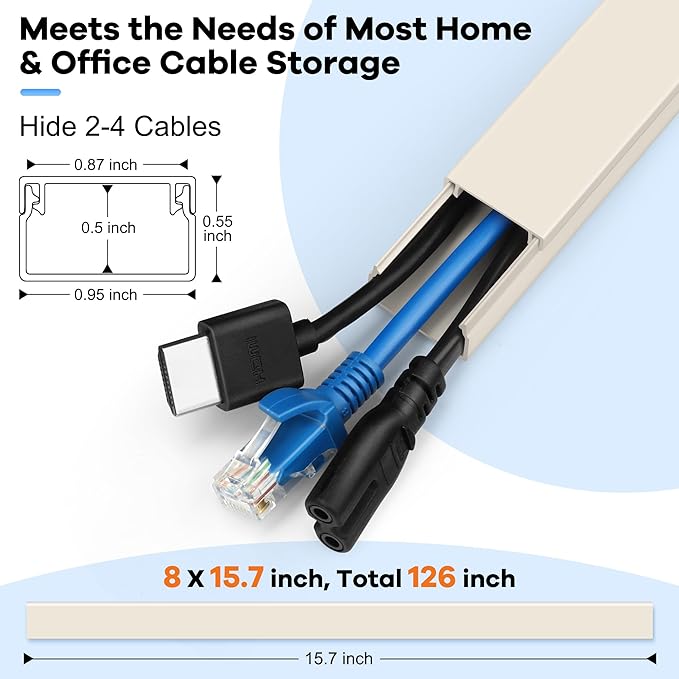 126in Cord Hider Kit, Wire Hiders for TV on Wall, Paintable Cable Management Kit, Wire Cover for Wall Mount TV, Hide Wires Along Wall, Beige Cord Cover Wall Wire Management, 8xL15.7in W0.95in H0.55in