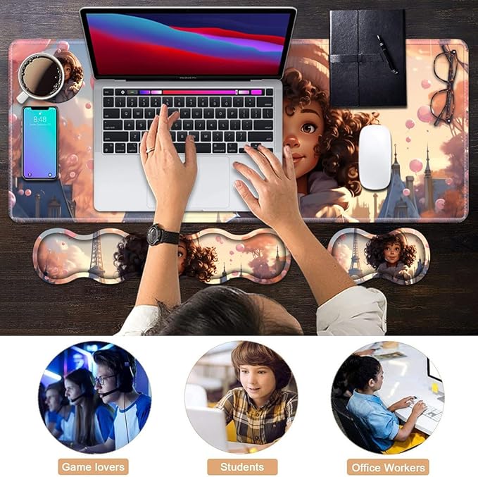 Ergonomic Keyboard Wrist Rest & Mouse Pad Wrist Rest Set, Large XXL Gaming Desk Mat 31.5"x 11.8" with Memory Foam, Easy Typing Pain Relief for Office & Home, Cute African American Girl