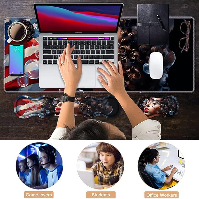 Ergonomic Keyboard Wrist Rest & Mouse Pad Wrist Rest Set, Large XXL Gaming Desk Mat 31.5"x 11.8" with Memory Foam, Easy Typing Pain Relief for Office & Home, African American Girl