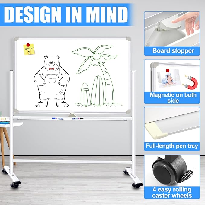 Dry Erase Board with Stand - 36x24 Inches Double-Sided Magnetic Mobile whiteboard on Wheels, Rolling White Board with Stand for Meeting, Training, Whiteboard Easel for Home Office Classroom School