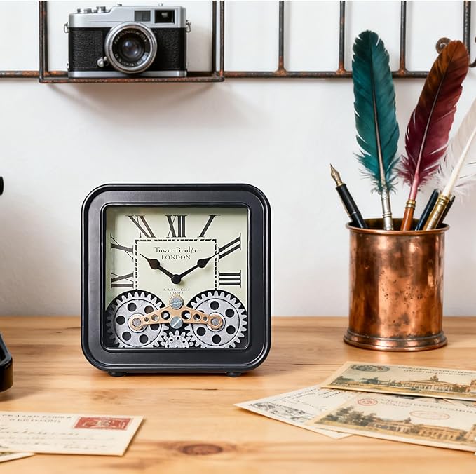 Vintage Desk Clock, 6 inch Metal Table Clocks with Moving Gears, Small Silent Non Ticking Industrial Steampunk Quartz Shelf Clock for Home Office Living Room Desk Decor Battery Operated（black）
