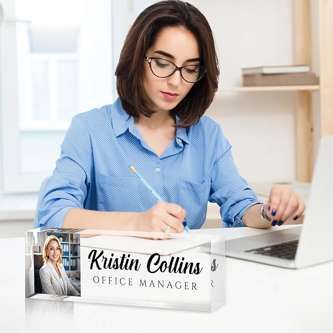 Custom Name Plate for Desk, Personalized Desk Name Plate on Clear Acrylic Glass, Appreciation Gifts for Teacher Employee Boss Coworkers Nurse, Office Desk Accessories for Women Men (Picture)