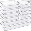 Criusia Drawer Organizer, 10 Pack Large Clear Plast Set, 3 Size Versatile Bathroom and Vanity Organizer Trays, Storage Bins for Makeup, Bedroom, Kitchen Utensils