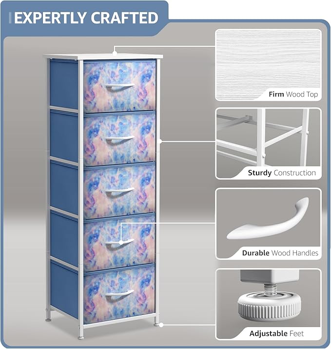 Sorbus Fabric Dresser for Kids Bedroom - Chest of 5 Drawers, Tall Storage Tower, Clothing Organizer, for Closet, for Playroom, for Nursery, Steel Frame, Fabric Bins - Wood Handle (Tie-dye Blue)