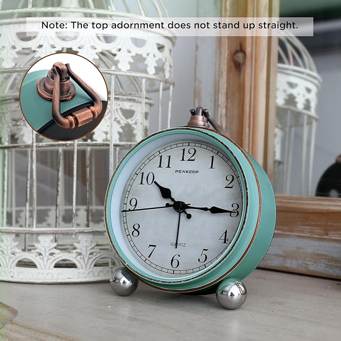 Peakeep 4" Small Battery Operated Antique Retro Analog Alarm Clock for Room Decor, Silent Elegant Bedside Desk Table Gift Clock