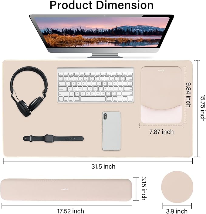 MOSISO Keyboard Mouse Pad Set, Large Gaming Mouse Pad&Rectangular Keyboard Wrist Rest&Mousepad with Wrist Rest&Coaster, Ergonomic Non-Slip&Easy Typing Pad with Curved Silicone Lining, Apricot
