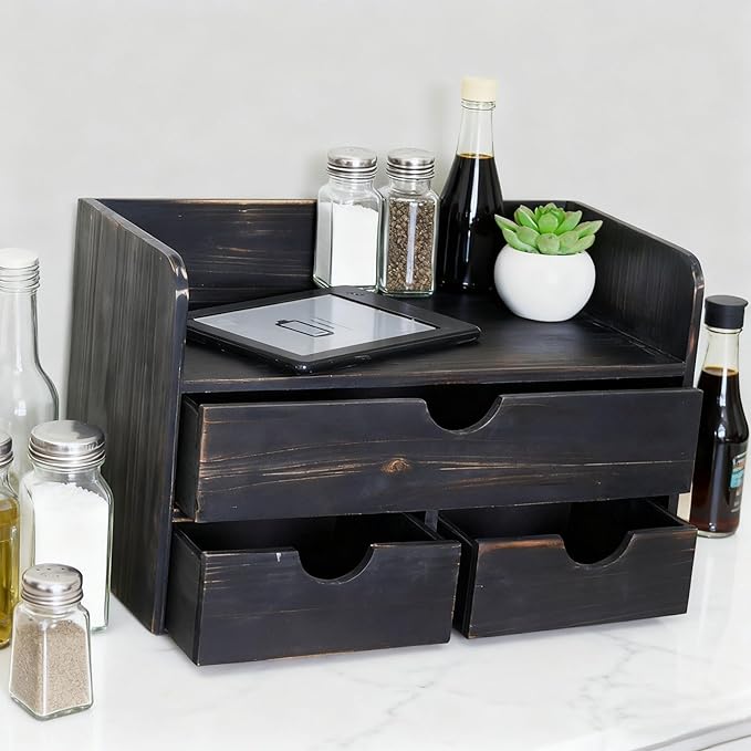 Vintage Rustic Wooden 3 Drawer with Shelf Office Desk Organizer & Mail Rack For Desktop,Box for Office Home Toiletries Supplies Vanity, No Assembly Required (Rustic Black)