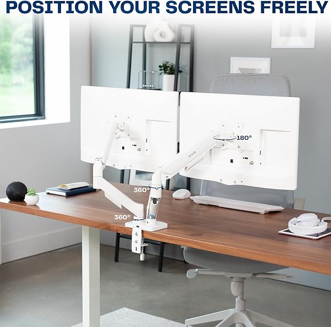 VIVO Dual Monitor up to 32 inches and 19.8 lbs per Screen, Mechanical Arm Desk Mount, Articulating Counterbalance, VESA Stand, Classic, White STAND-V002OW