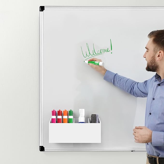HBlife Magnetic Dry Erase Marker Holder for Whiteboard with 3 Compartments, Acrylic Wall Mount Magnet Pen Pencil Holder for Refrigerator, Locker Organizer Accessories for Classroom Office, White