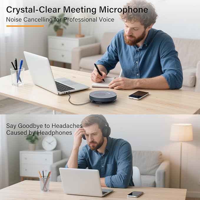 CMOCIIY USB Speakerphone,Conference Microphone for Home Office, Omnidirectional Desktop PC Speaker with 360° Voice Pickup, Noise Cancelling, Plug & Play for Zoom/Teams/Skype, Webinar,Online Classes