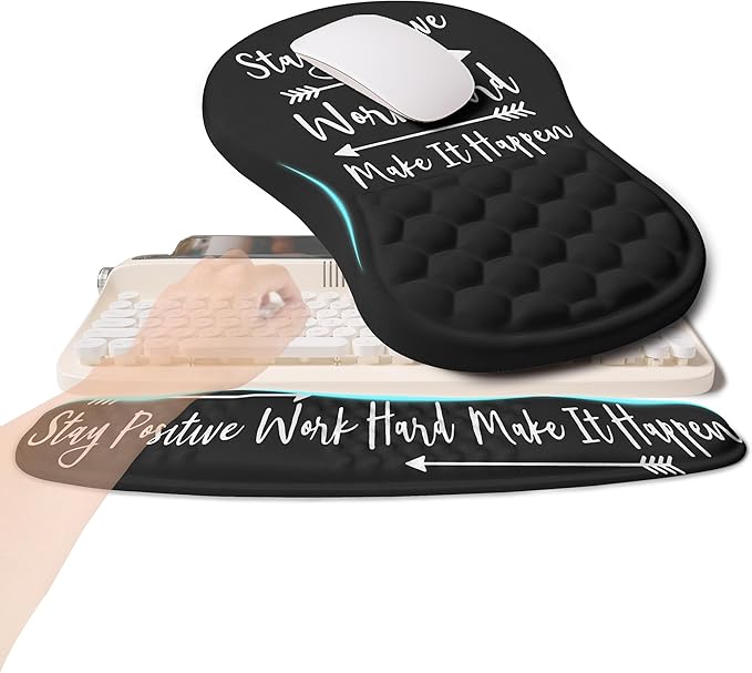 2-in-1 Ergonomic Set, Wave Rise Keyboard Wrist Rest and Massage Bulge Slope Mouse Pad Wrist Support, Cushion Memory Foam Integrated to Relieve Wrist Pain, Stay Positive