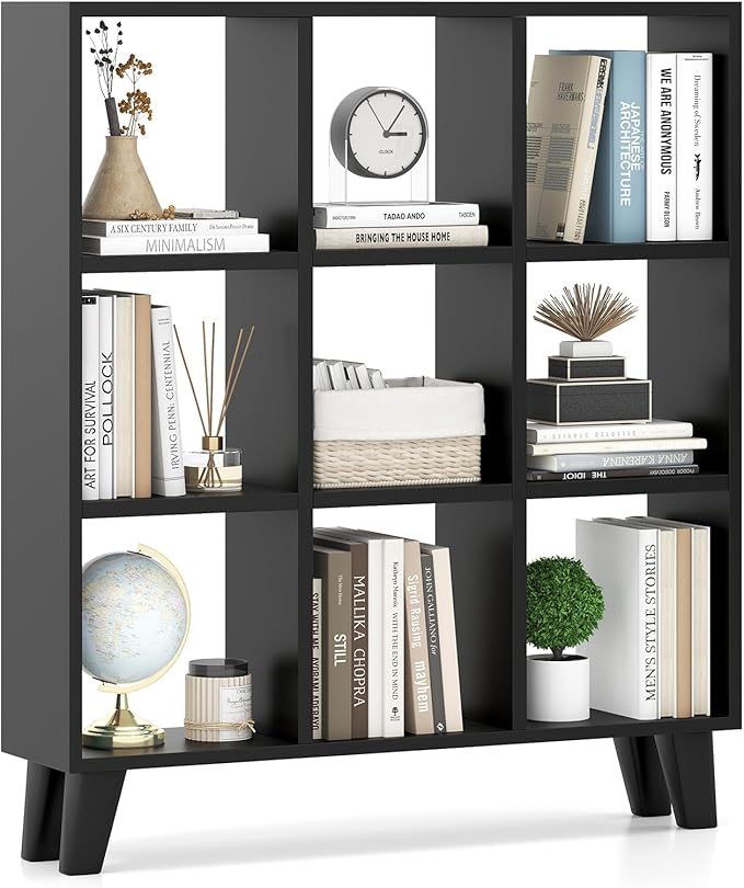 Giantex 9-Cube Open Bookcase, 3-Tier Freestanding Bookshelf with 4 Slanted Legs & 6 Removable Shelves, Modern Cubby Storage Organizer, Wood Display Book Shelf for Living Room Bedroom Study (1, Black)