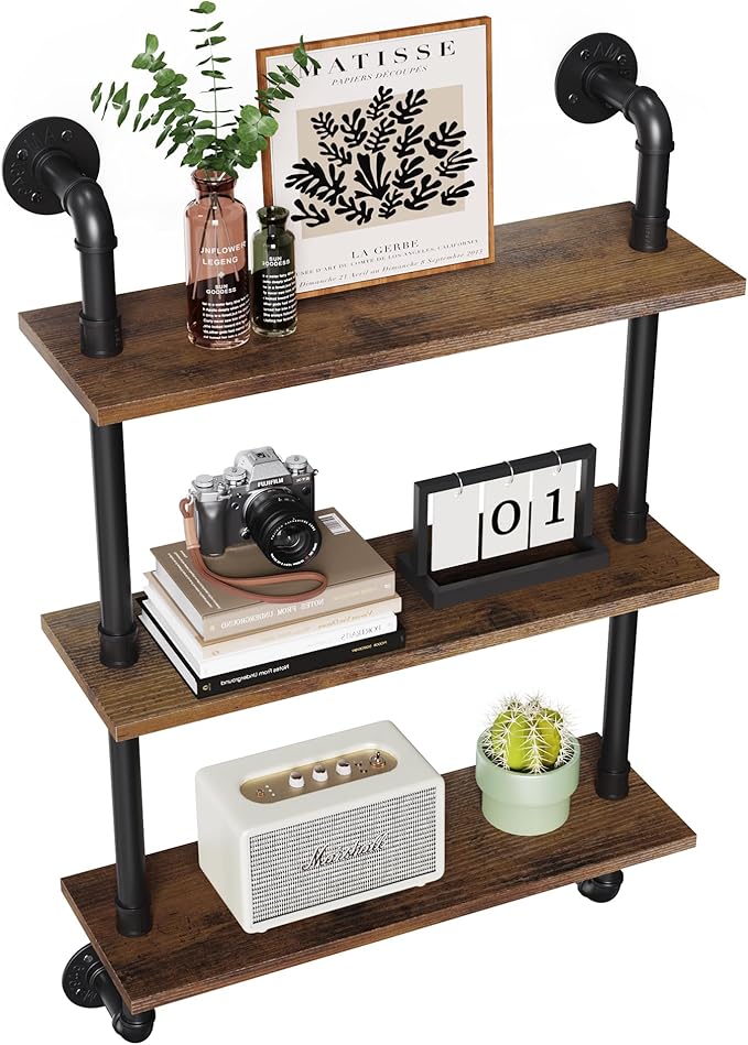 Merapi 24" Industrial Floating Shelves, Pipe Shelves for Wall, 3 Tier Rustic Wood Wall Shelves for Home Décor, Bedroom, Living Room, Bathroom…