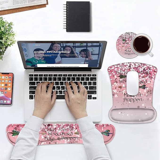Keyboard Wrist Rest and Mouse Pad Wrist Support Set with Coasters, Inspirational Quote Stay Positive Work Hard and Make It Happen Wrist Mouse Pad with Non-Slip PU Base for Home Office Working Studying