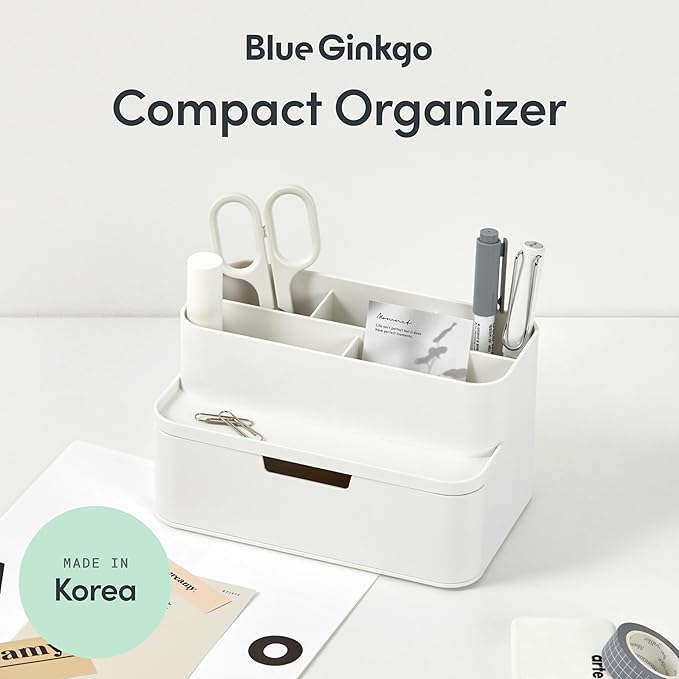 BLUE GINKGO Compact Desk Organizer – Small 5-Compartment, Half Drawer Storage – Pen Holder, Stationery Organizer for Desktop, Vanity, Shelf (Made in Korea, White)