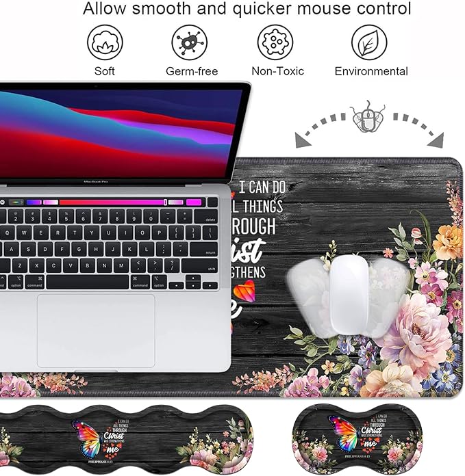 Ergonomic Keyboard Wrist Rest & Mouse Pad Wrist Rest Set, Large XXL Gaming Desk Mat 31.5"x 11.8", Memory Foam, Easy Typing Pain Relief for Office & Home, Butterfly Quote Bible Verse Philippians 4-13