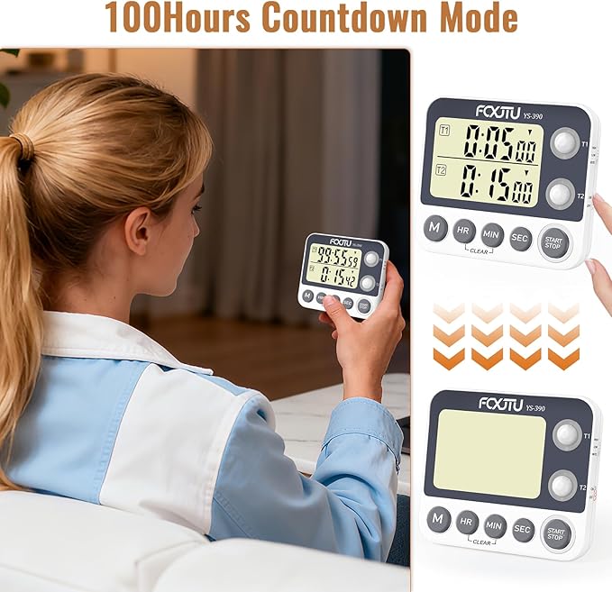 Digital Dual Kitchen Timer with Magnetic Back & Memory Presets, 2 Groups Countdown/Up Stopwatch Timer, 3-Level Volume + LED Alert, On/Off, 100Hr Max for Cooking, Baking (Battery Included)