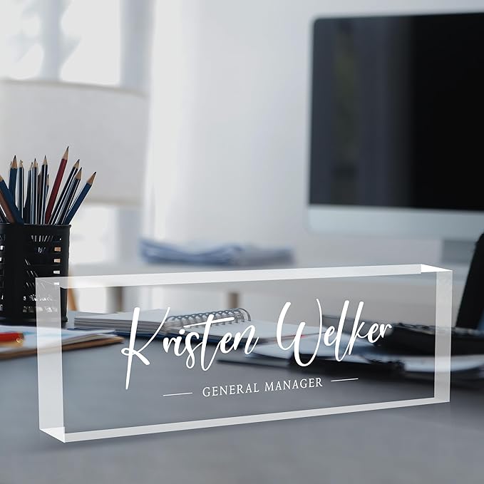 Personalized Acrylic Desk Name Plates, Custom Office Gifts & Decor, 2.5" Tall x 0.59"-1.18" Thick, Transparent, Portrait Orientation, Tabletop Mount
