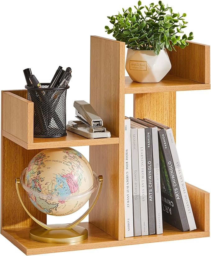 Short Bookshelf Small Desk Organizer, Cactus Bookshelf Unique Bookcase, Book Display Shelf Small Plant Stand for Tabletop, Natural Wood Color YD-DSR002N