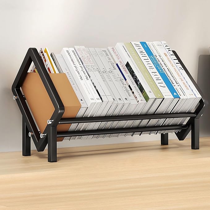 Stainless Steel Tabletop Bookshelf Desk Book Organizer for Book Lover and Record Holder, Desktop Storage Book Rack for Magazine/CDs/Books Display, Small Desktop Bookcase in Office/Home /Living Room