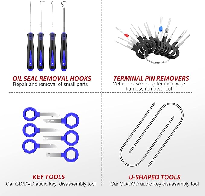 Nilight Trim Removal Tool 102 Pcs, Auto Push Pin Bumper Retainer Clip Set Fastener Terminal Remover Tool Round Handle Crowbar Kit Car Panel Radio Removal Auto Clip Pliers