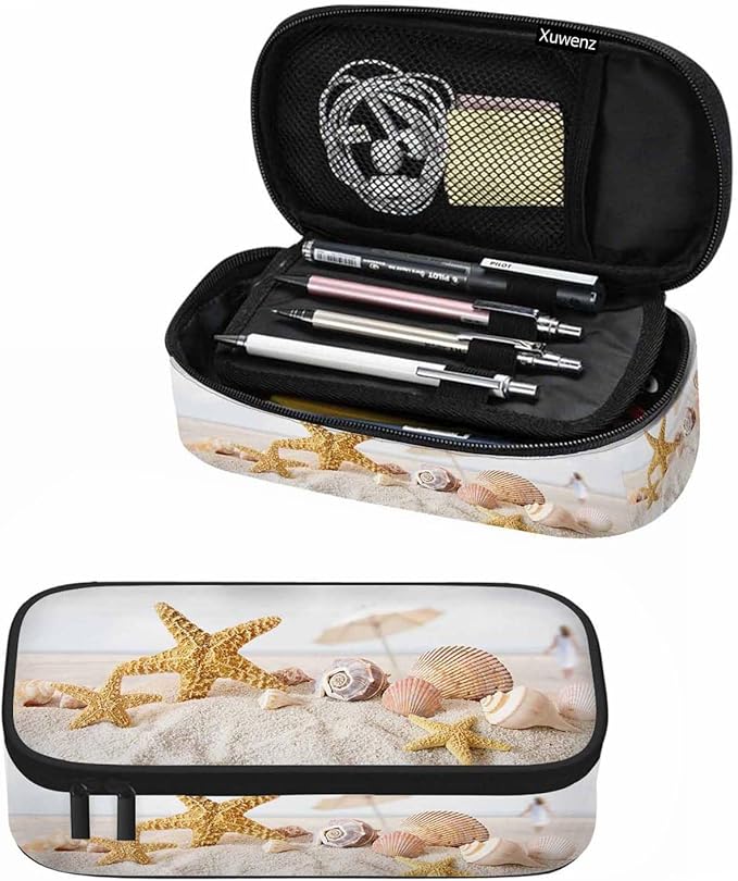 Starfish Seashells Pencil Case Sand Beach Summer Pencil Bag Pouch Box Organizer for College Student Teen Adults