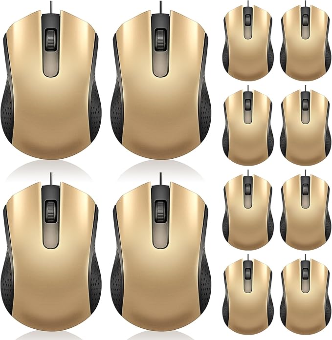 Hoteam 12 Pcs Gold Wired Computer Mouse Bulk Cord USB Computer Mice Ergonomic Wired Mouse for Pcs, Computers, Laptops, Gaming Office Home Supplies