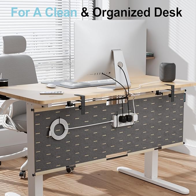 2-in-1 Under Desk Cable Management Tray & Privacy Panel, Dual-Sided Felt Cord Organizer to Hide Wires and Clutter, Desk Mount Cord Holder for Office and Home, Clamp or Screw Mount (Khaki/Gray, 45")
